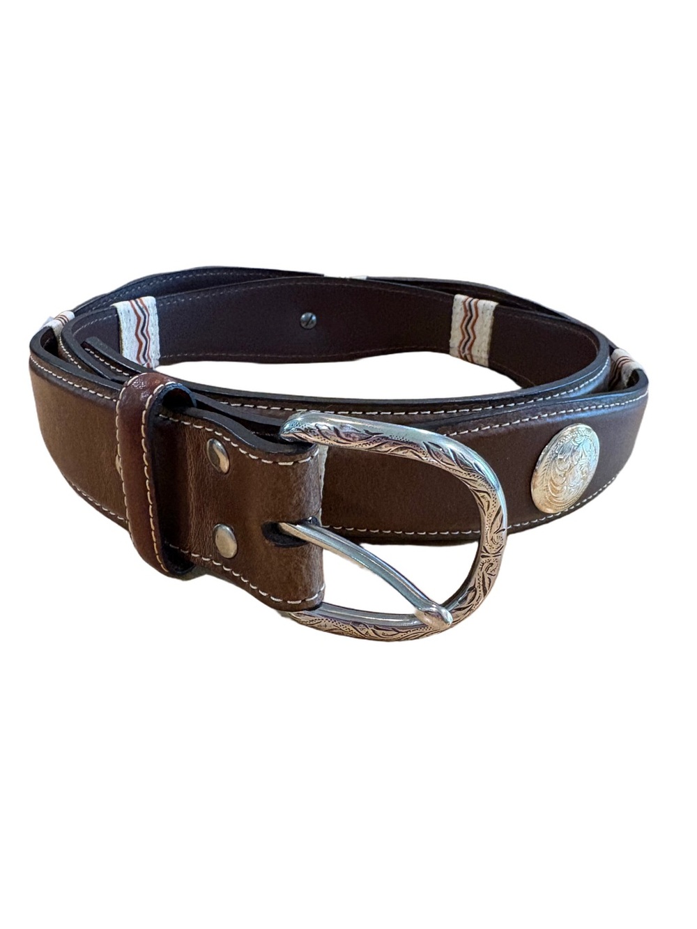Nocona Brown Leather Belt with Stitched Detailing Silvertone hardware Sz42
